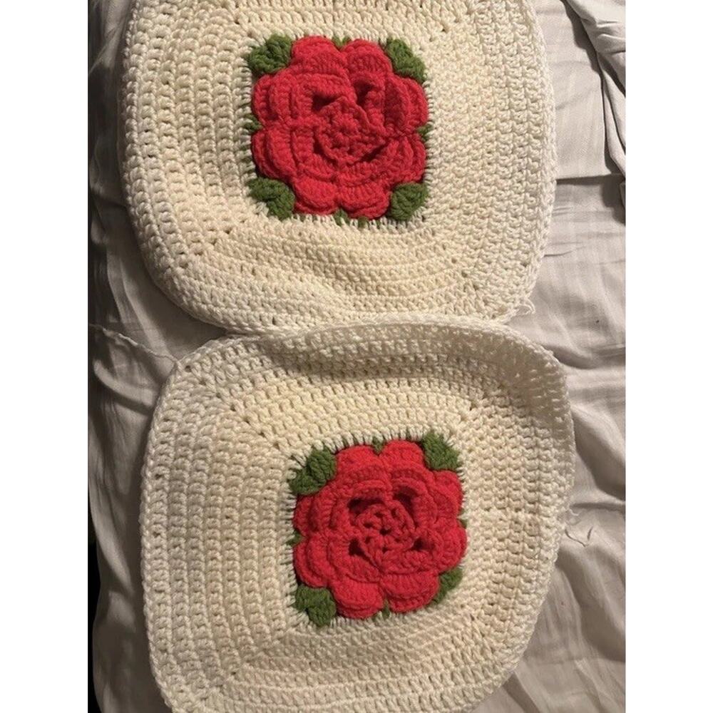 Vintage Crochet Throw Pillow COVER Handmade white green‎ red roses 16” Set Of 2